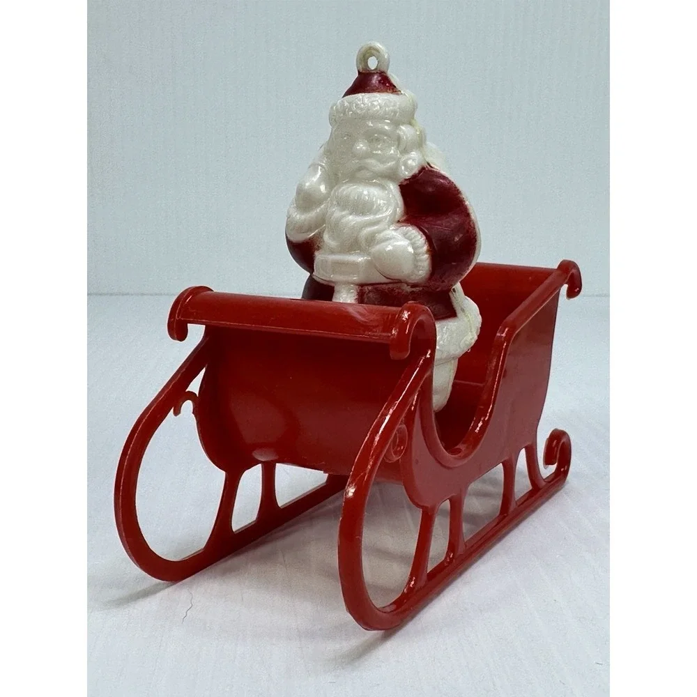 Vintage Plastic Standing Santa Claus Sleigh Pulled by Two White Reindeer